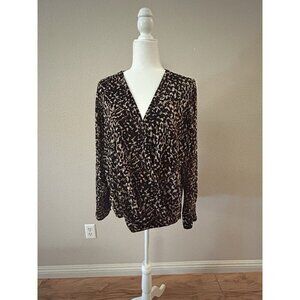 DKNY Womens Animal Print V-Neck Pullover Blouse Shirt Large